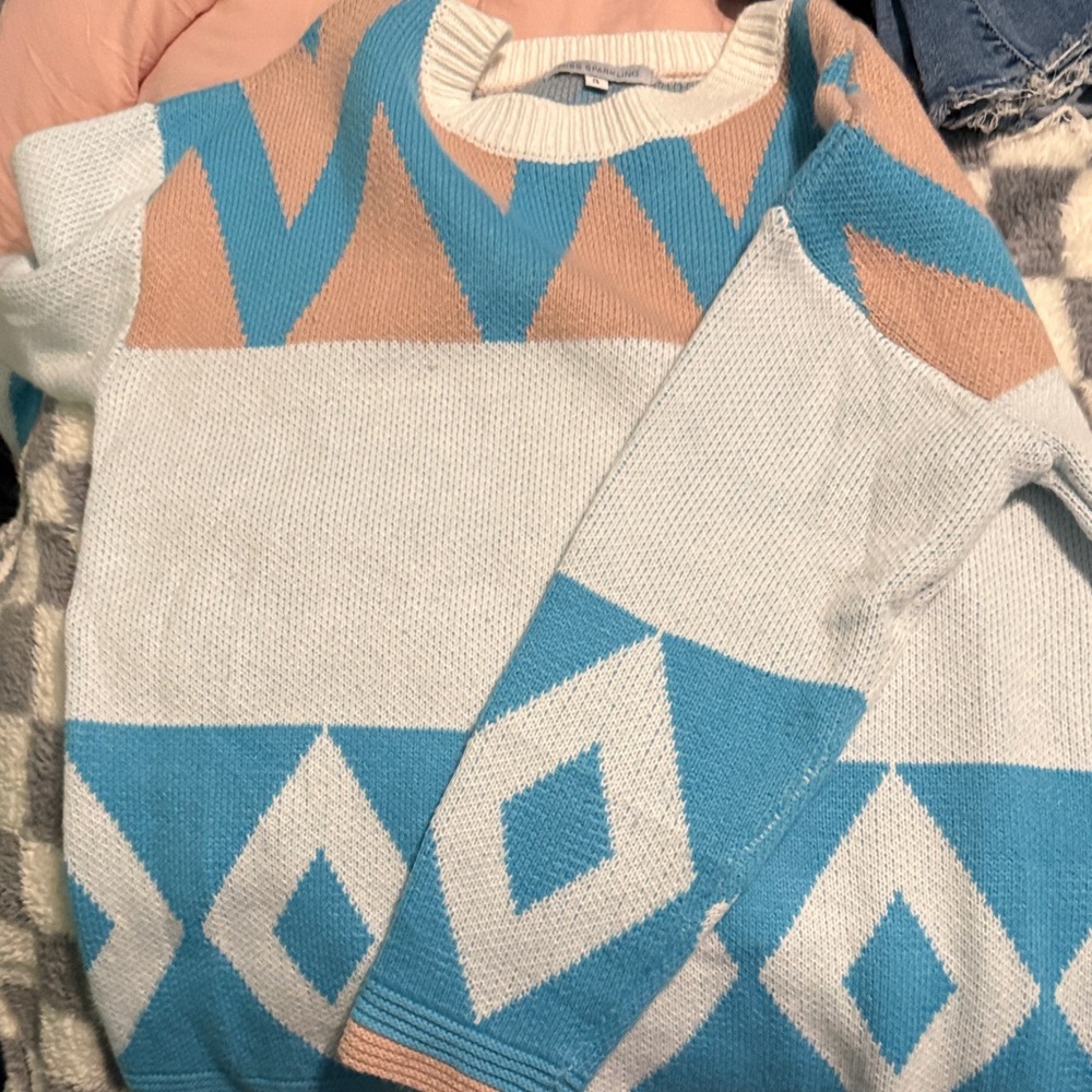 Stylish Blue and Tan Geometric Sweater